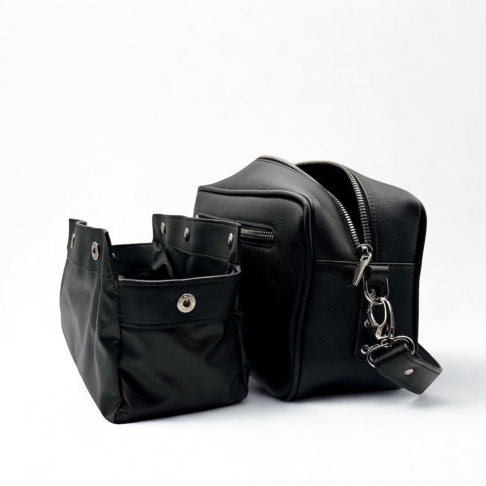 HILOWIND Gassitasche YUNO in schwarz aus veganem Apfelleder mit herausnehmbarem Innenfutter, handgefertigt in Portugal.